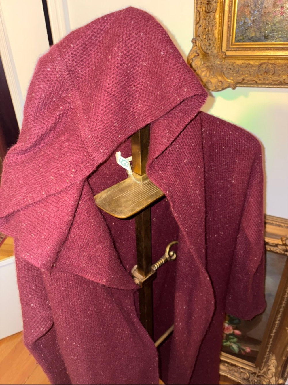Cozy Ugg 100% Cashmere Burgundy Hooded Knit Long Cardigan with Belt - Picture 4 of 6